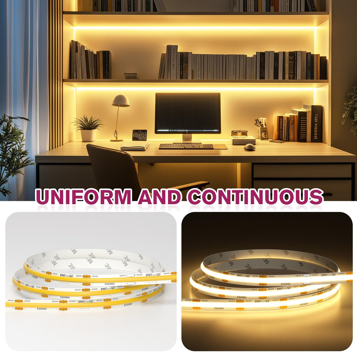 EMITEVER COB LED strip showing 3M adhesive backing for quick mounting