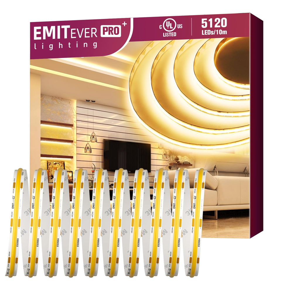 EMITEVER COB LED strip in warm white 3000K on an 8mm PCB for consistent indoor lighting