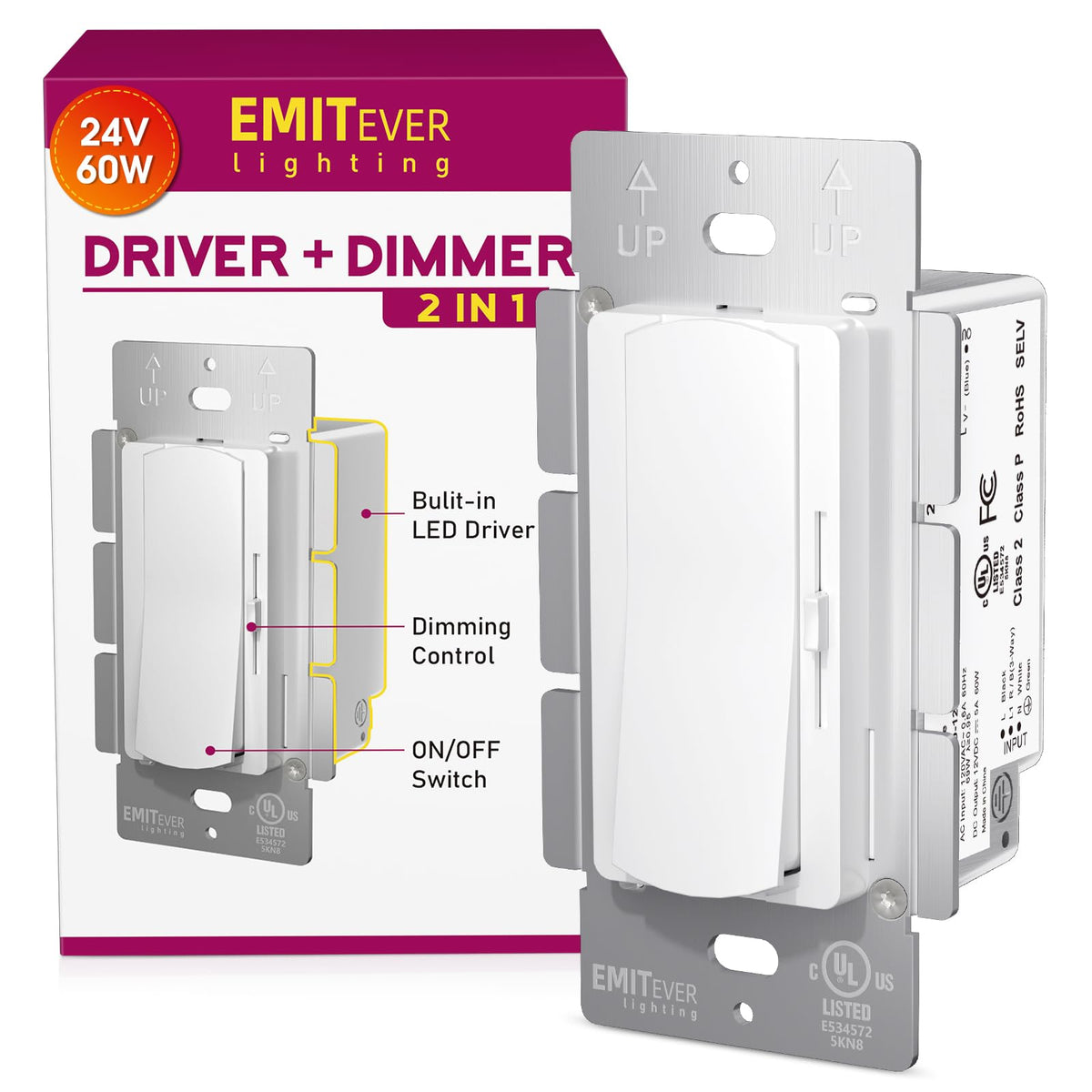 EMITEVER dimmer switch front view with a glossy white finish for sleek lighting control.
