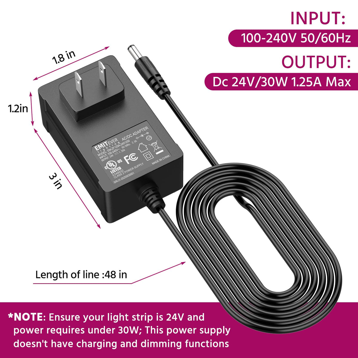 EMITEVER UL-listed label confirms safety and compliance for 24V installs.