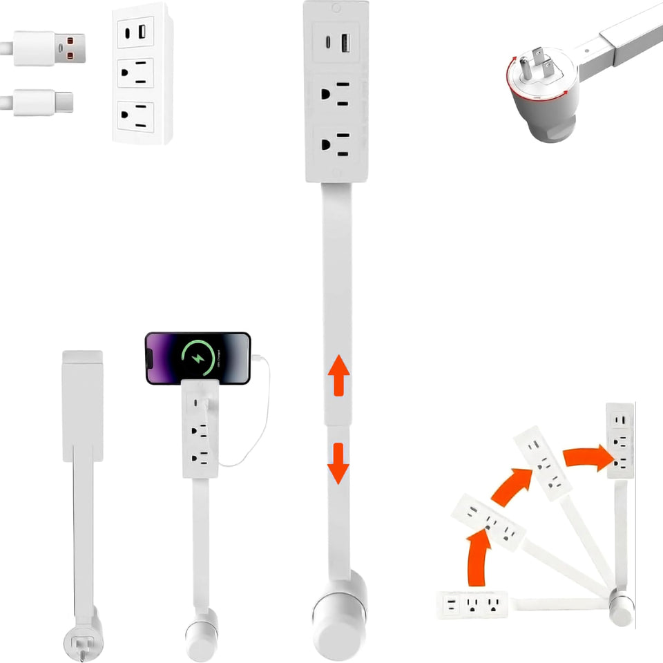 Emitymutic retractable rotating power strip extends from 18-28 inches for flexible desk or nightstand setup.