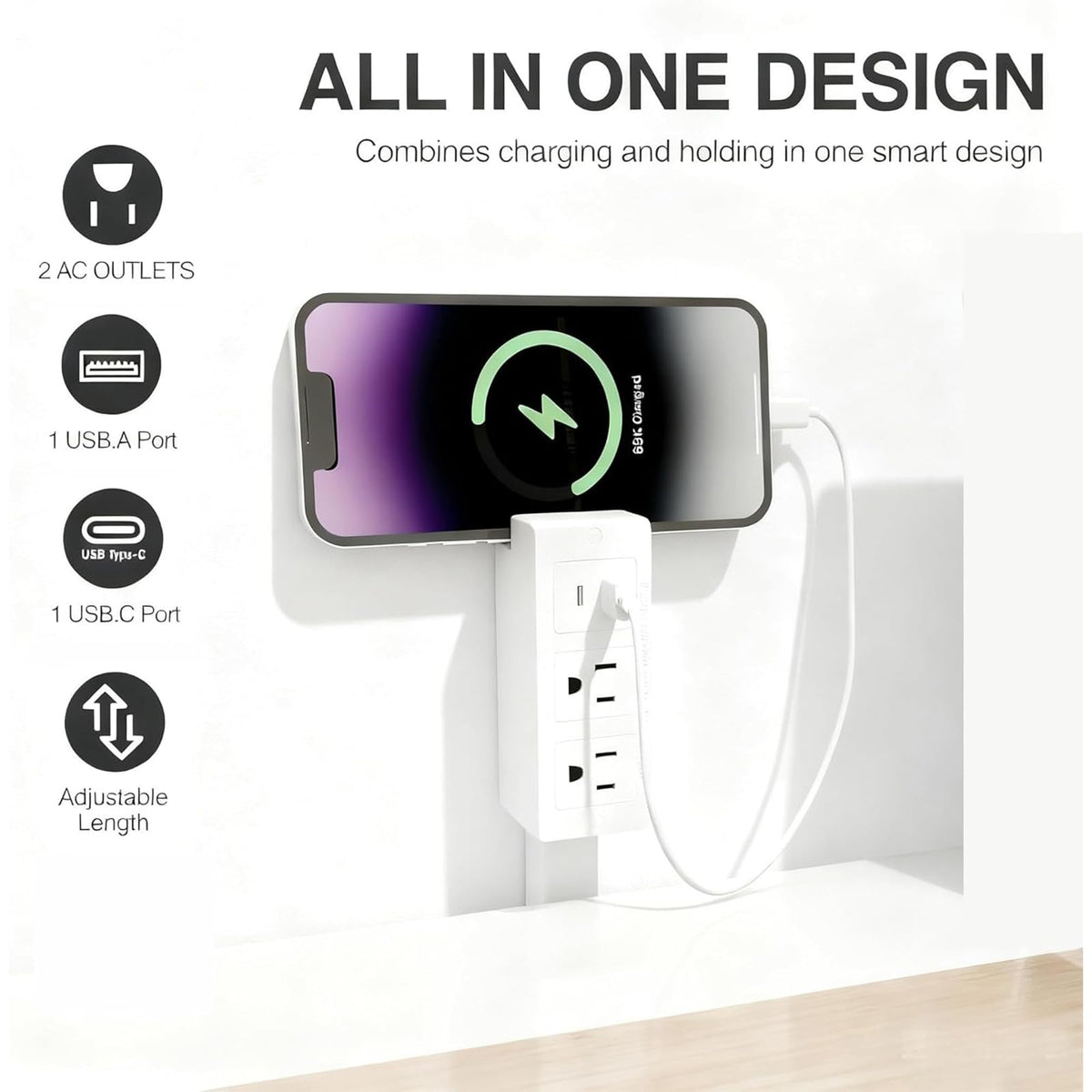 Emitymutic power strip with 180-degree rotation to fit behind furniture and avoid obstacles.