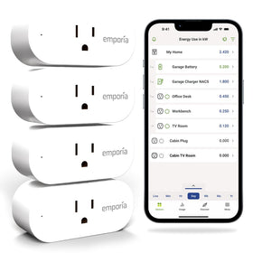 Emporia energy-monitoring smart plug shows real-time outlet usage to save energy.