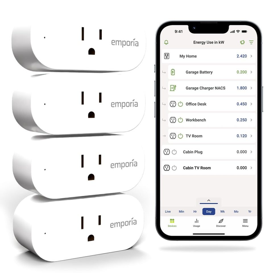 Emporia energy-monitoring smart plug shows real-time outlet usage to save energy.