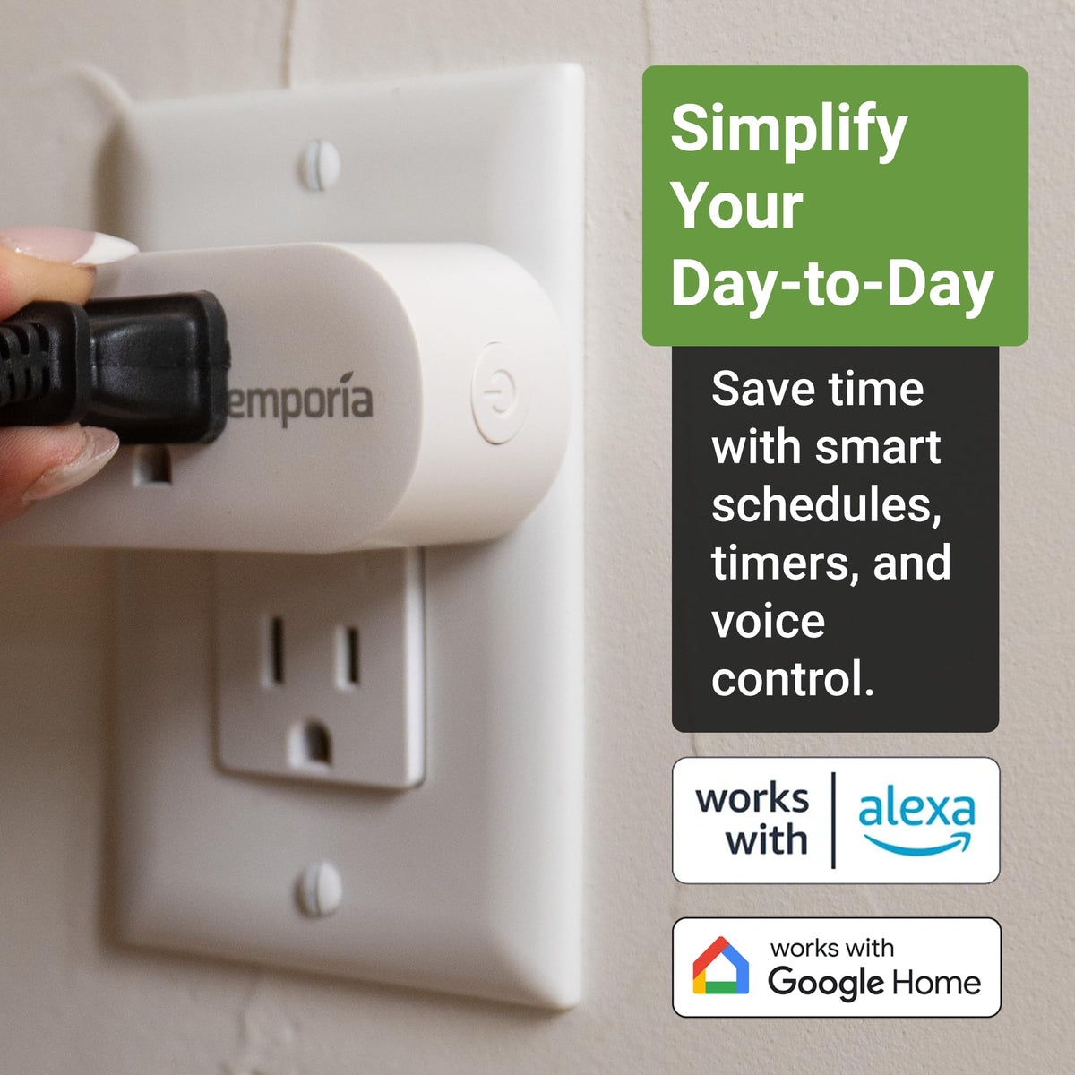 Emporia wifi smart plug with timer enables scheduled on/off routines.