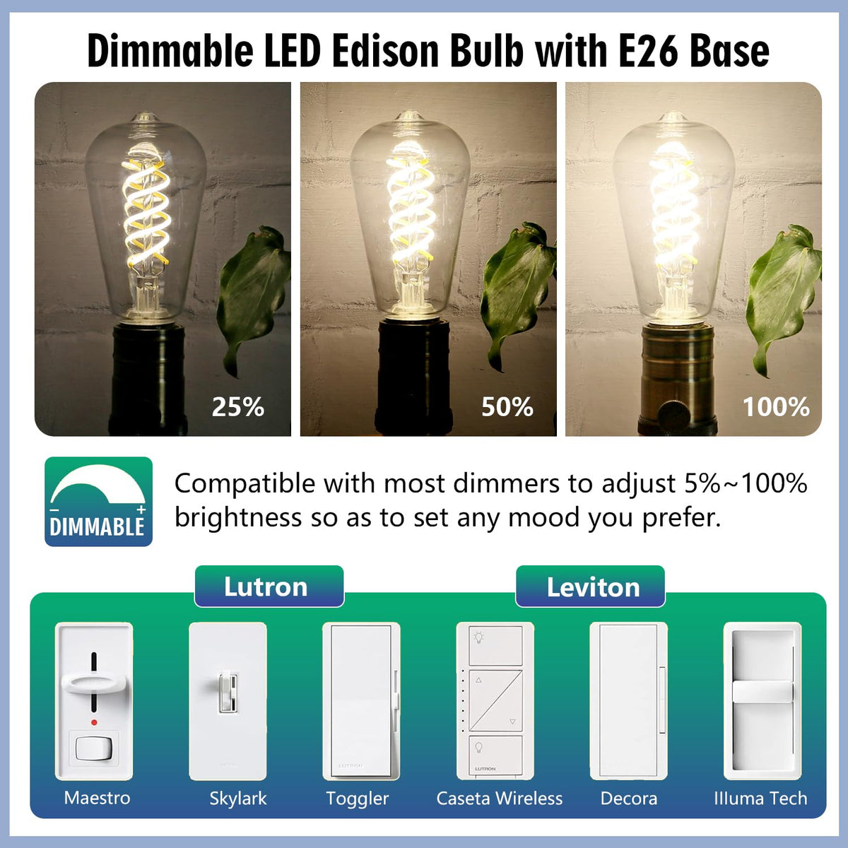 EMYMLITE dimmable 120V filament bulb for adjustable mood lighting