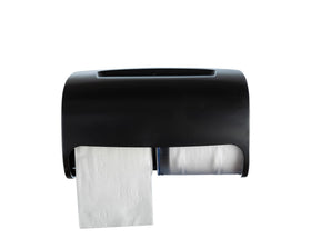 EnBath double-roll wall mount dispenser in black, front view, compact and sturdy for busy restrooms