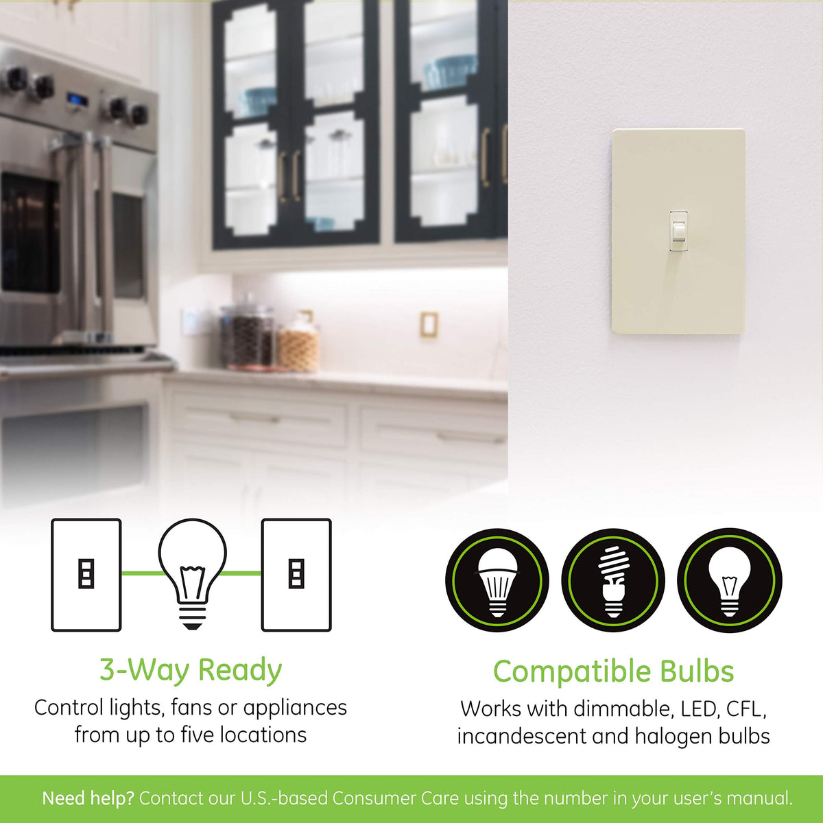 Enbrighten Almond Z-Wave Plus switch shown with hub and app control for remote lighting.