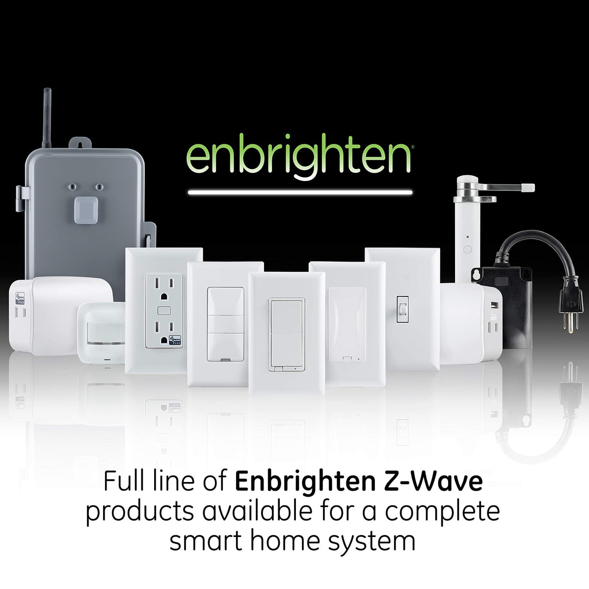 Enbrighten Almond Z-Wave Plus two-pack display emphasizes value and multi-switch compatibility.