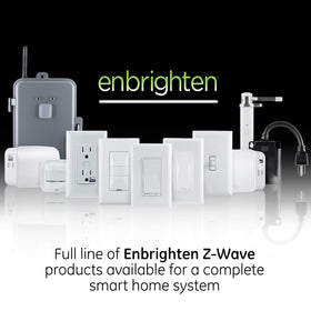 Enbrighten Almond Z-Wave Plus two-pack display emphasizes value and multi-switch compatibility.
