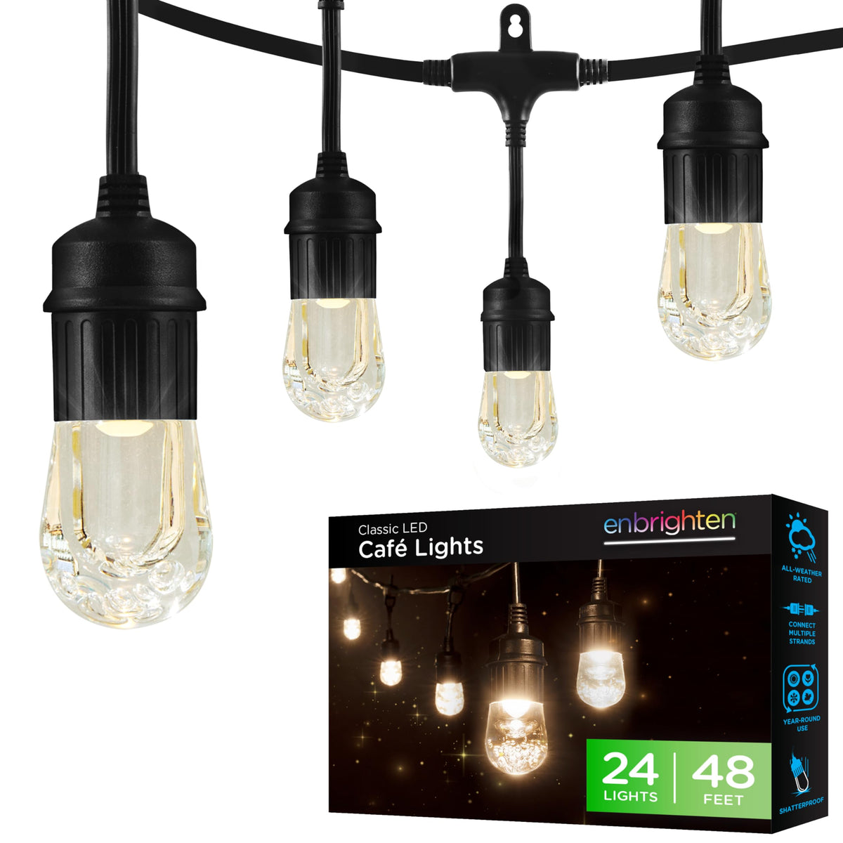 Enbrighten classic warm white cafe lights over a patio for inviting ambiance and energy efficiency.