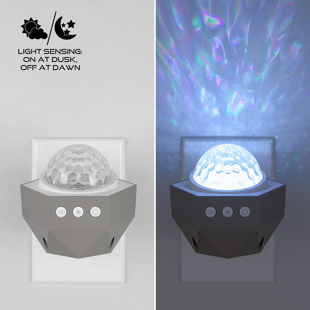Enbrighten Galaxy Wave projector plug-in outlet setup for easy, clutter-free placement.