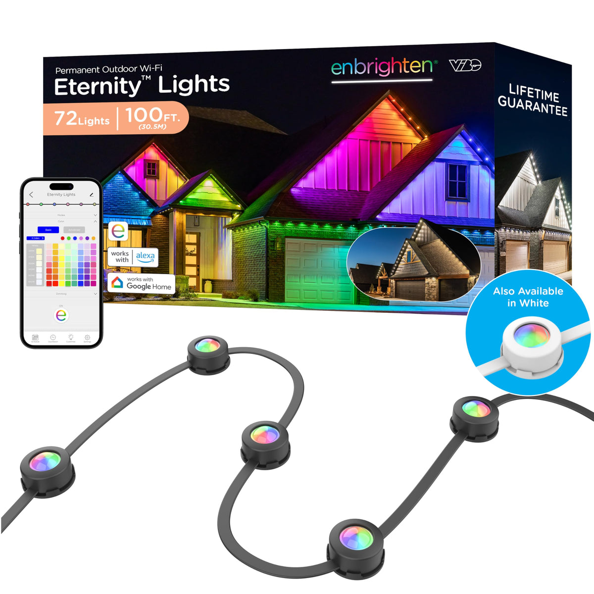 Enbrighten VIBE Eternity eave lights kit ready for permanent outdoor installation and year-round ambiance.