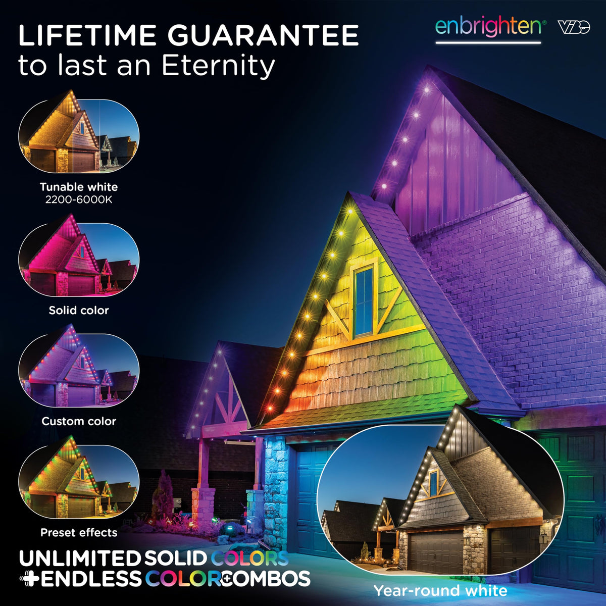 Color-changing RGBWIC LEDs on Enbrighten VIBE Eternity for versatile mood lighting.