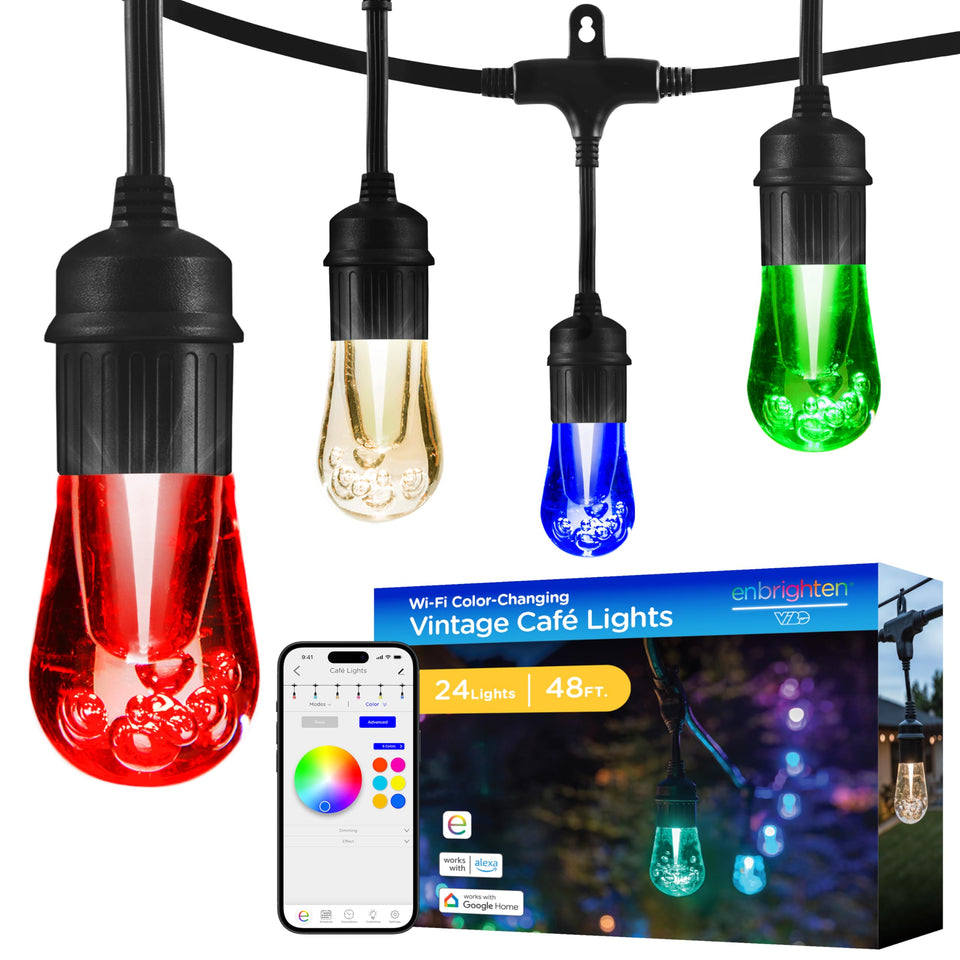 Enbrighten VIBE vintage outdoor string lights Gen 2 on a patio create inviting evenings.