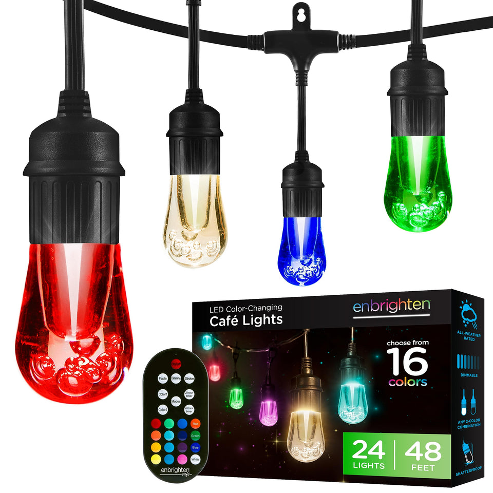 Enbrighten Vintage Outdoor String Lights with 24 RGB acrylic bulbs for versatile outdoor ambiance
