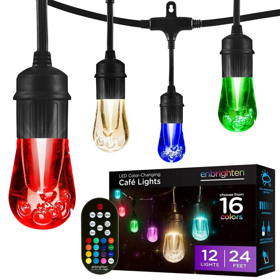 Enbrighten vintage outdoor string lights on patio for year-round ambience