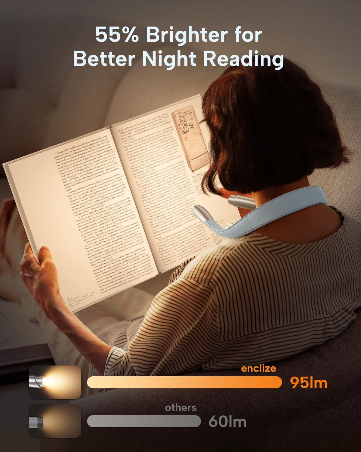 Enclize neck reading light shows 360-degree adjustment for precise light direction.