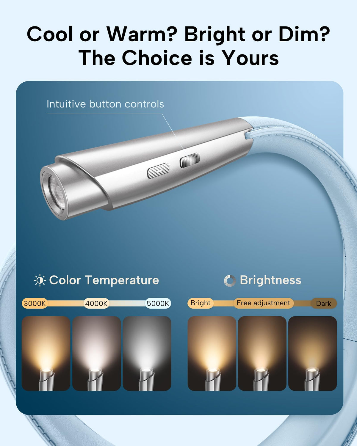 Enclize neck reading light front view highlights slim, lightweight profile.