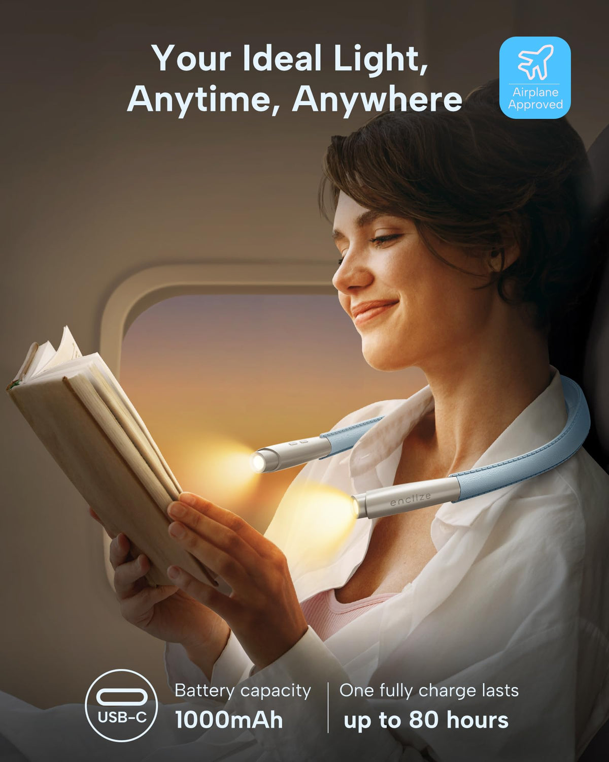 Enclize neck reading light with USB-C charging for quick top-ups.