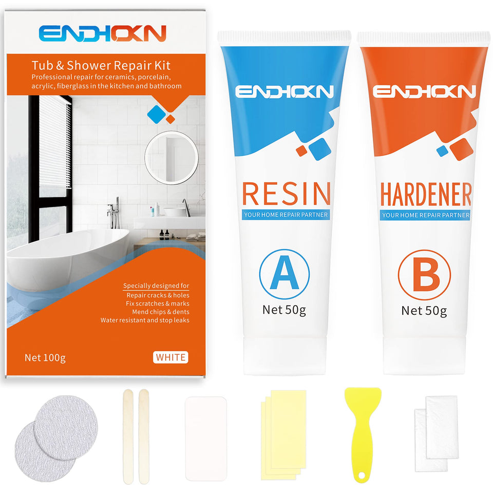 Endhokn Bath Repair Kit White contents shown for quick tub fixes.