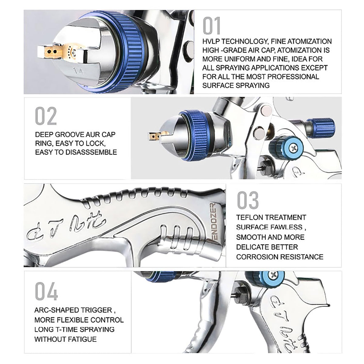 Endozer brass hood HVLP spray gun with uniform atomization across surfaces.