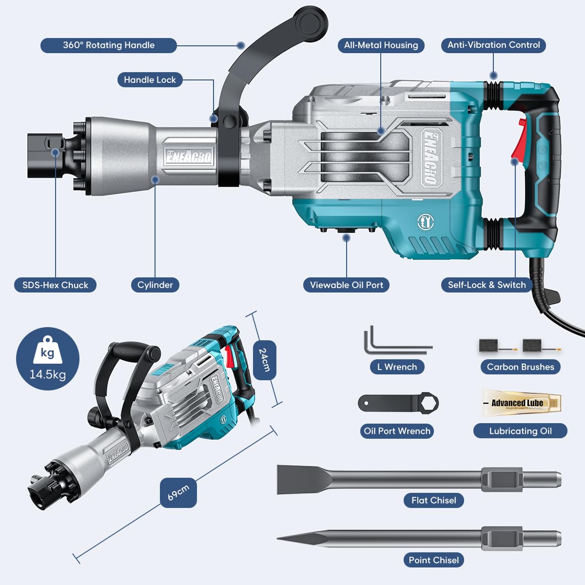 ENEACRO demolition hammer showing 360-degree rotating handle for versatile positioning.