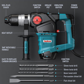 ENEACRO rotary hammer showing safety clutch protecting the wrist during bit jams.