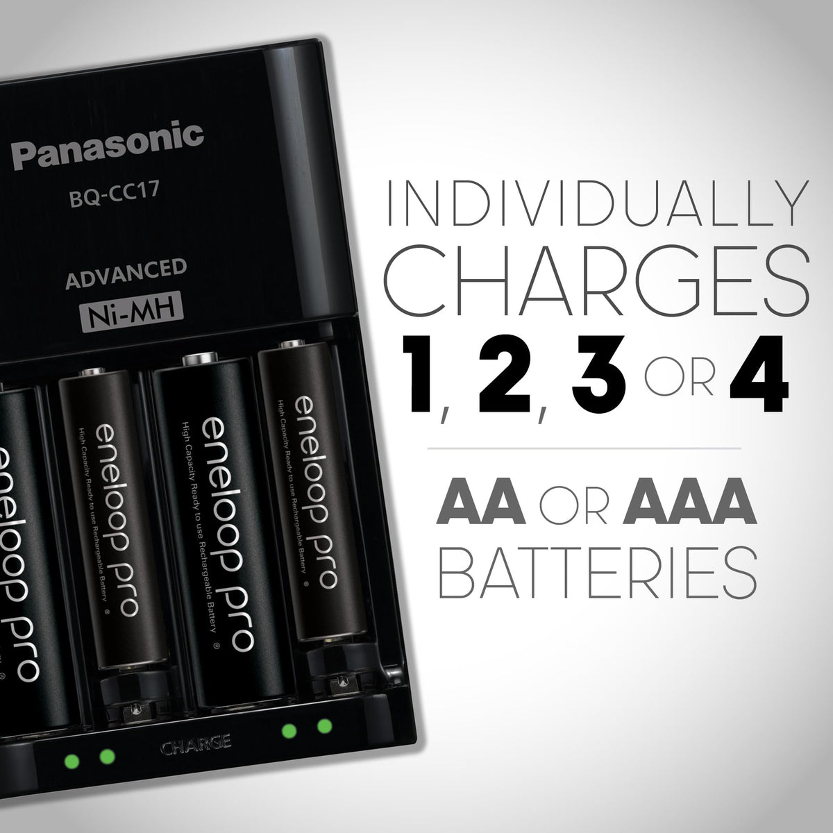 Eneloop Pro LED indicators view, independent cell charging status at a glance.