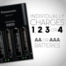 Eneloop Pro LED indicators view, independent cell charging status at a glance.