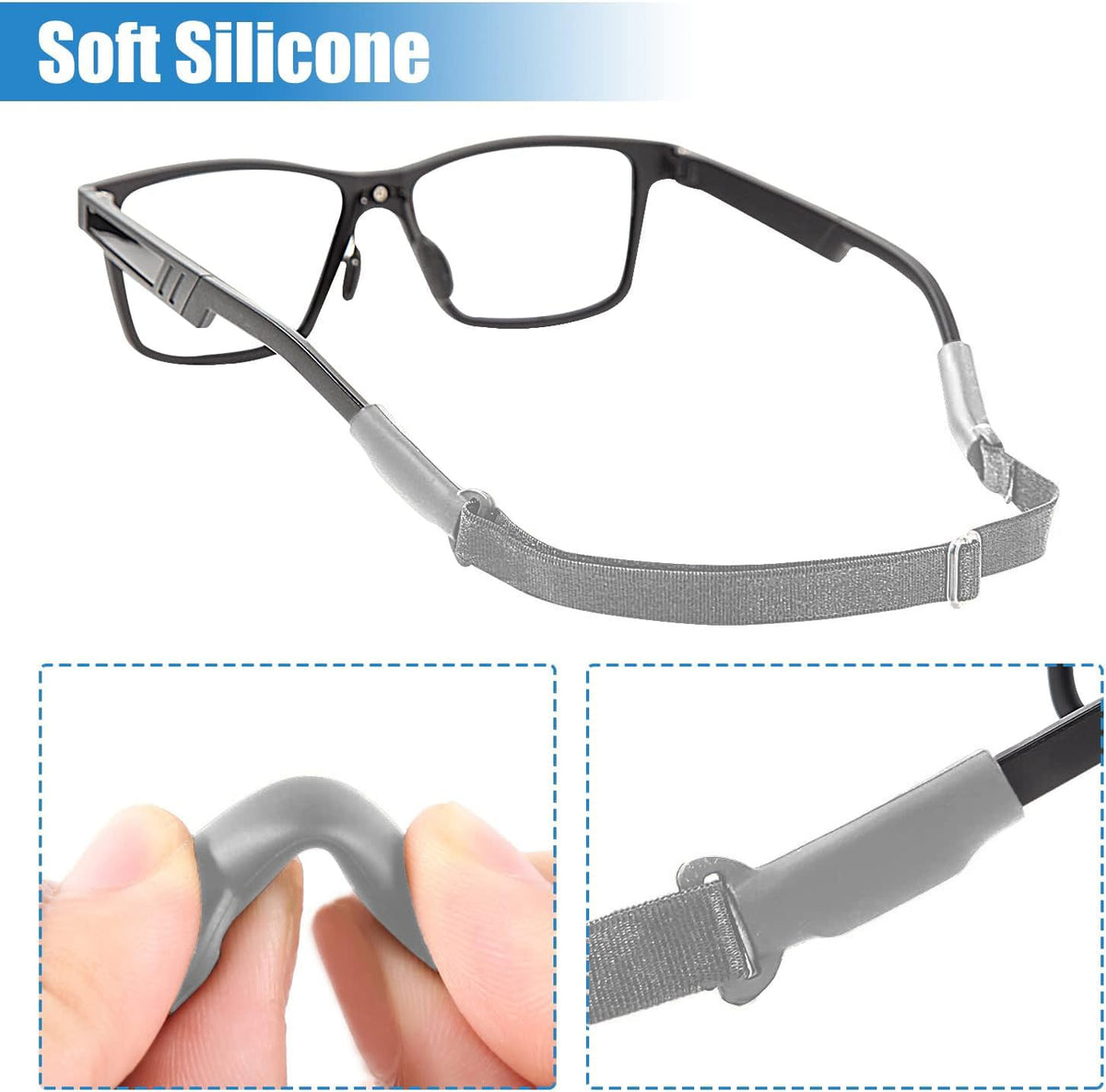 Enenfly glasses strap attached to frames, compatible with readers and sunglasses.