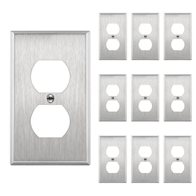 ENERLITES duplex wall plate in brushed stainless steel for durable wall protection.
