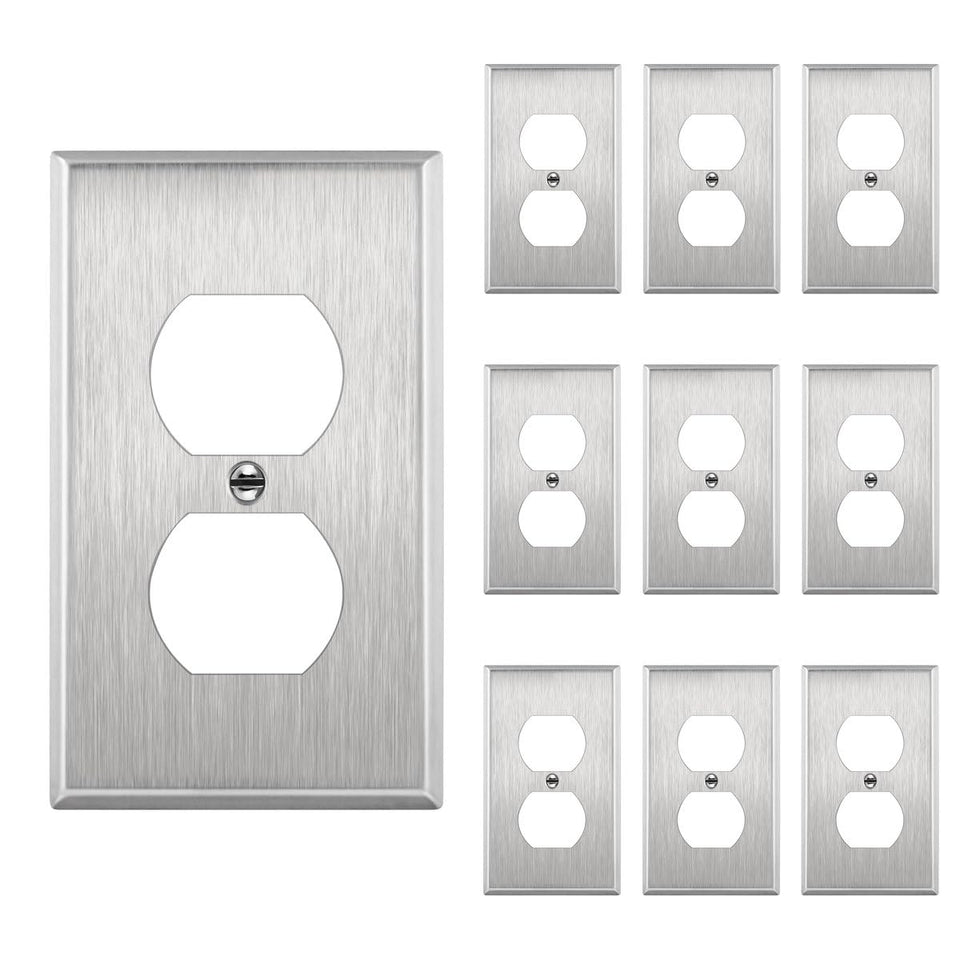 ENERLITES duplex wall plate in brushed stainless steel for durable wall protection.