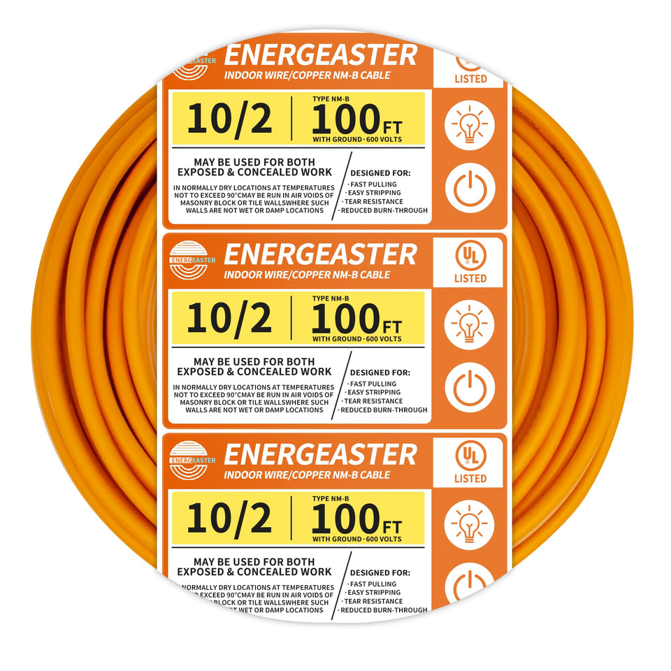 Energeaster 10/2 NM-B indoor wire with orange jacket ideal for easy pulling in homes.