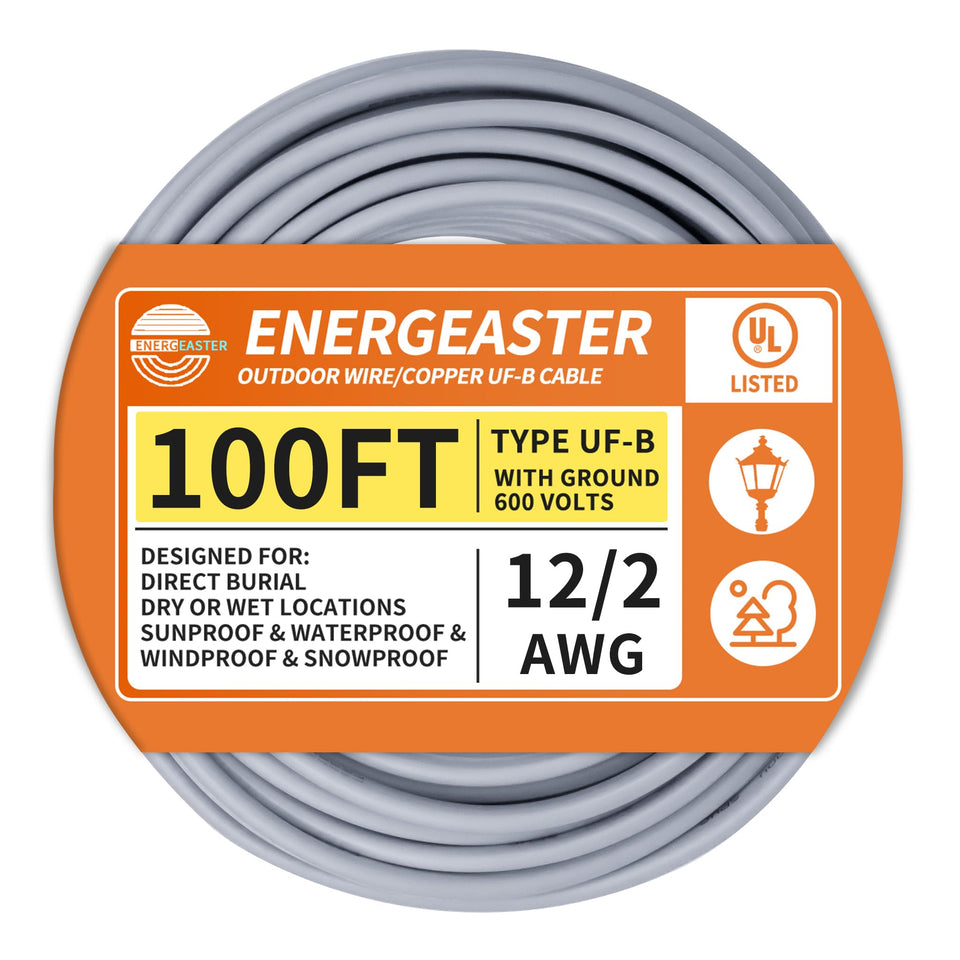 Energeaster 12/2 UF-B wire for direct burial, ideal for durable outdoor lighting.