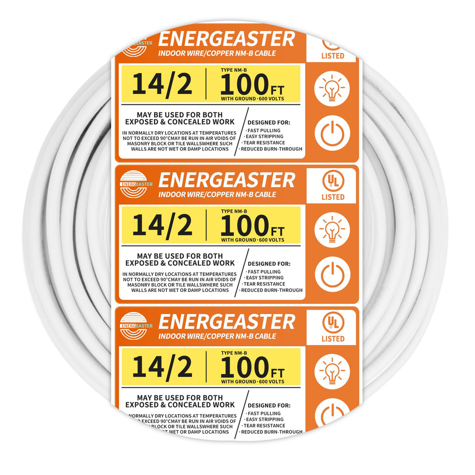 Energeaster 14-2 NM-B cable 100ft coil for easy pulling in residential wiring.