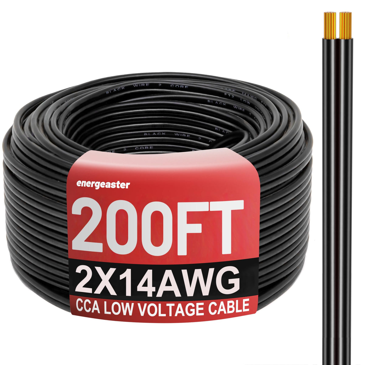 Energeaster 14 AWG two-conductor black cable ready for LED strip hookups and long runs.