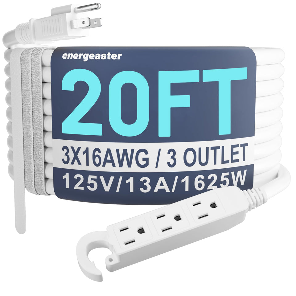 Energeaster 20ft extension cord with three outlets for versatile outdoor power access.