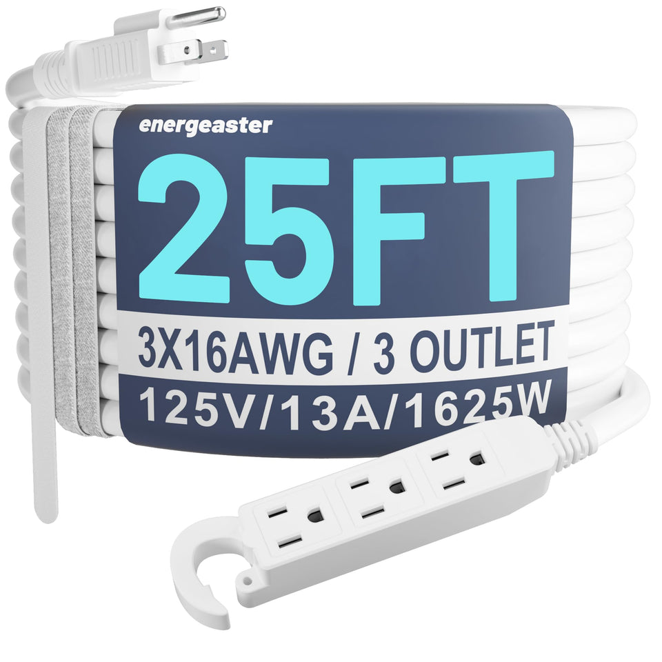 Energeaster 25ft triple-outlet extension cord for indoor and outdoor use, safely powering multiple devices.