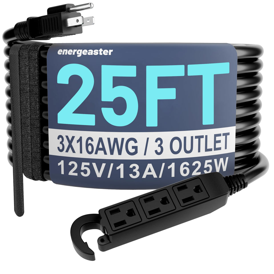 Energeaster 25 ft outdoor extension cord with three outlets for versatile power.