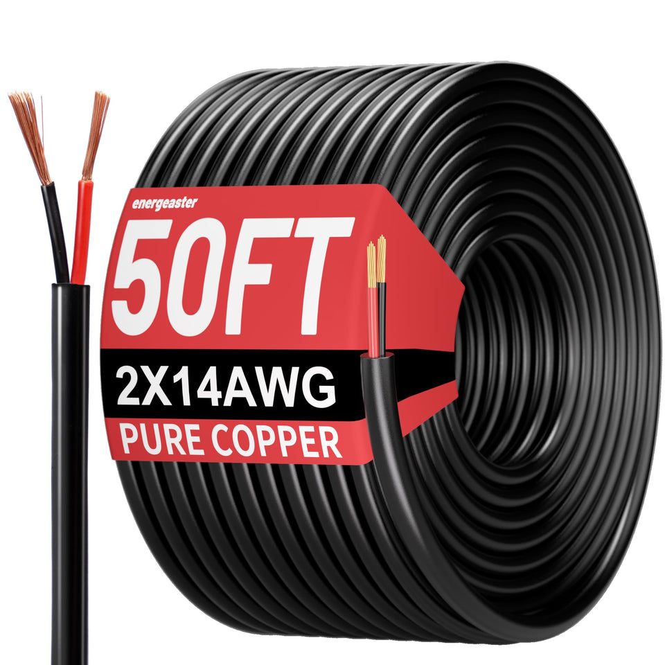 Energeaster 50ft 14 AWG wire with black sheath for durable low-voltage connections.