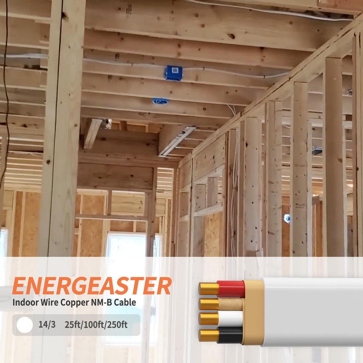 Energeaster NM-B cable with ground wire close-up for safe indoor grounding.
