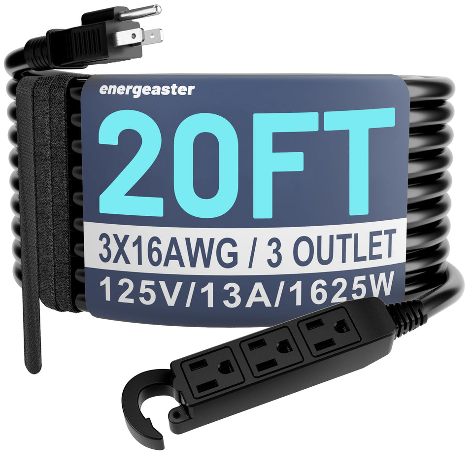 Energeaster 20ft outdoor extension cord with three outlets for versatile power.
