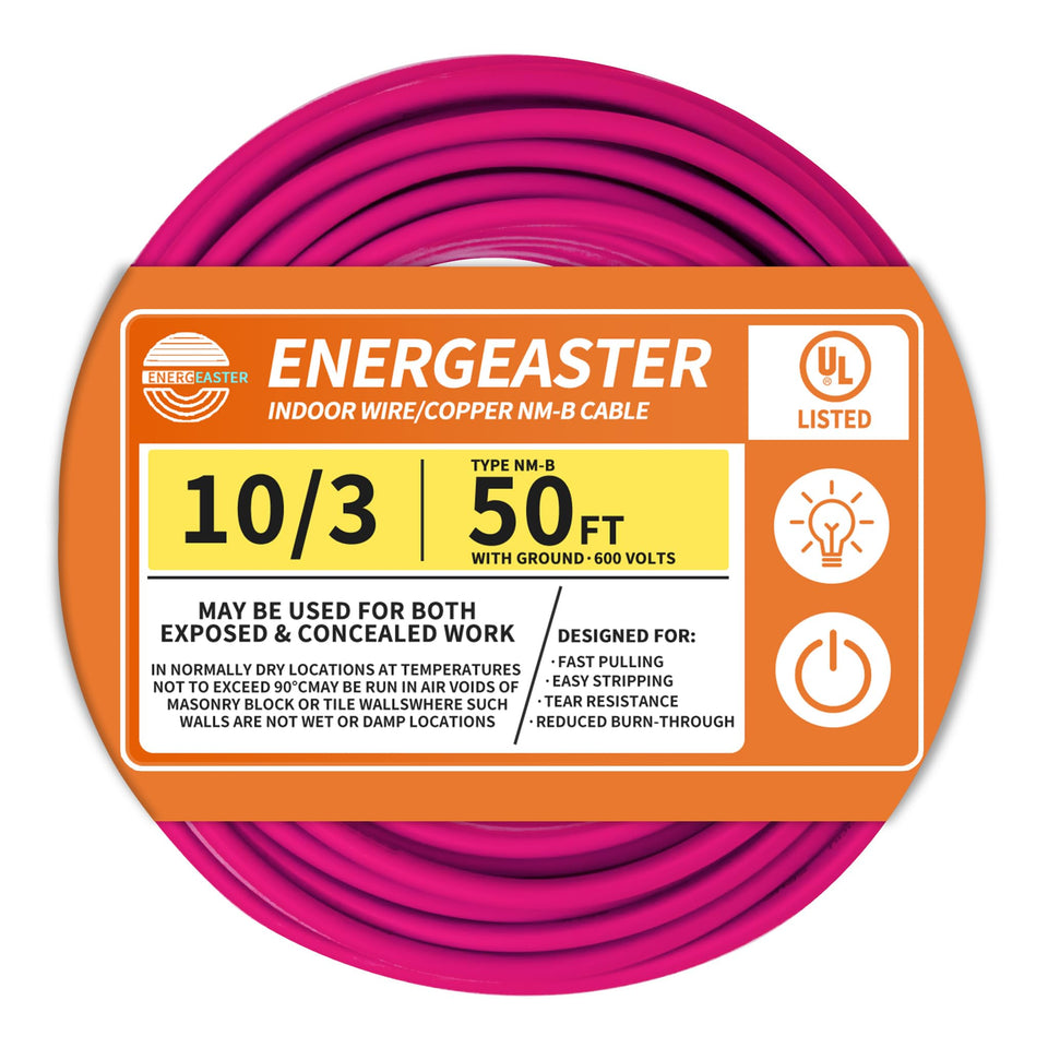 Energeaster pink NM-B copper cable in a 50ft coil for dry indoor wiring.