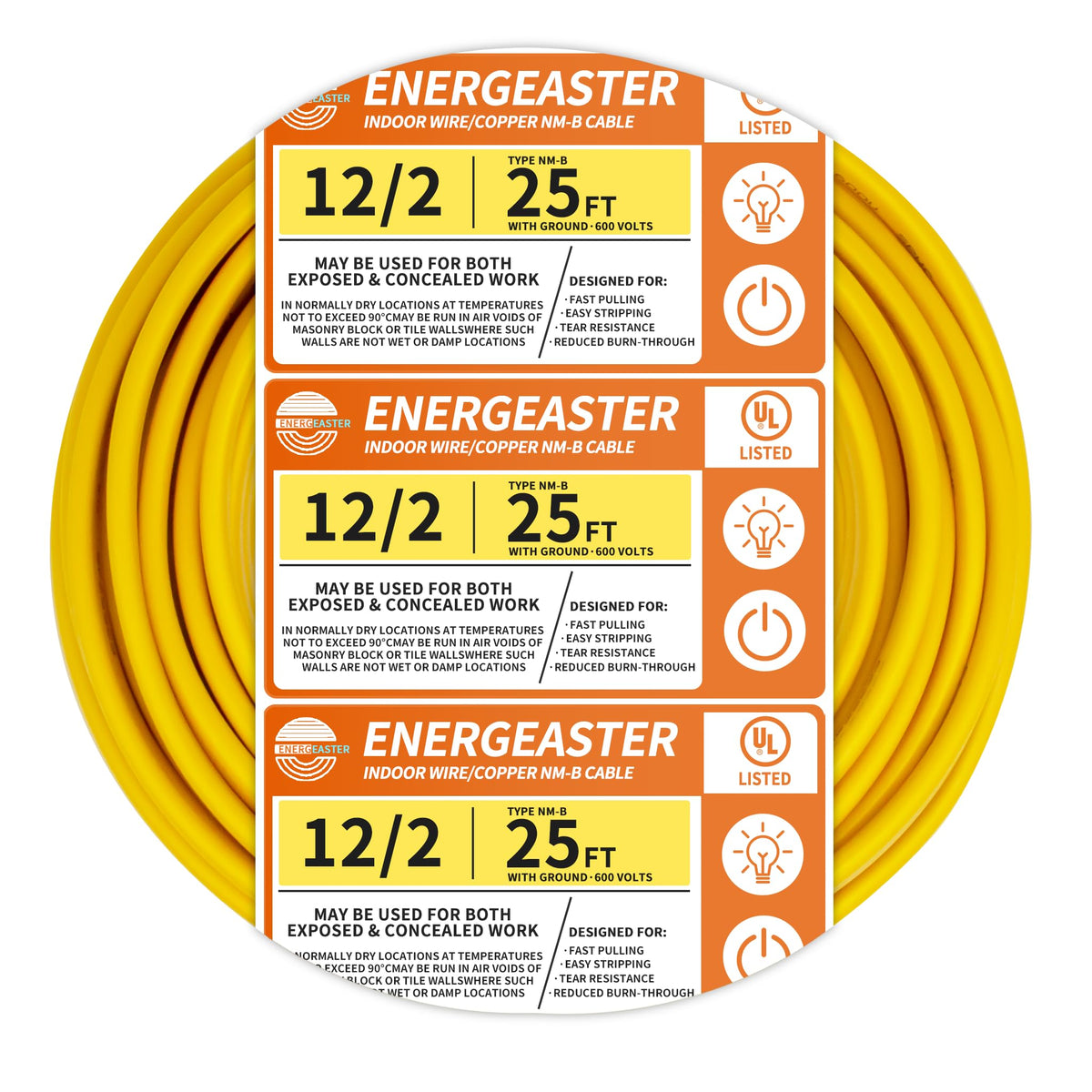 Energeaster solid indoor NM-B cable in a 25 ft coil, ideal for simple installations.