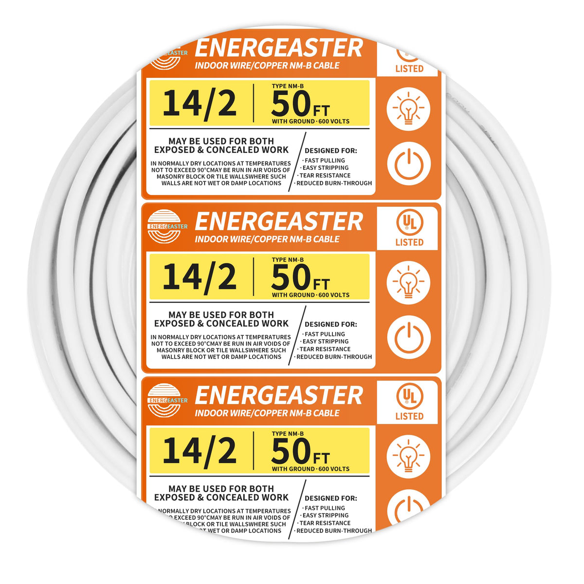 Energeaster solid indoor NM-B 14/2 cable coil for easy pulling in residential wiring projects.