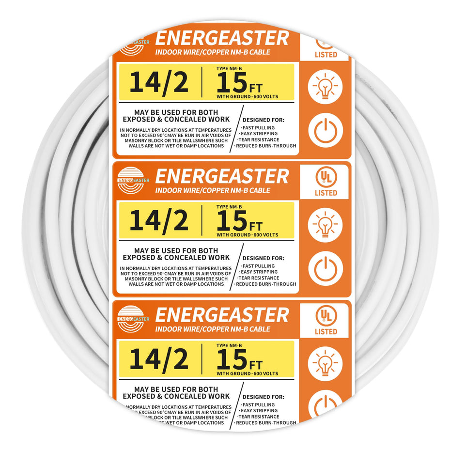 Energeaster solid indoor 14/2 NM-B cable in a 15ft coil for easy pulling and installation.