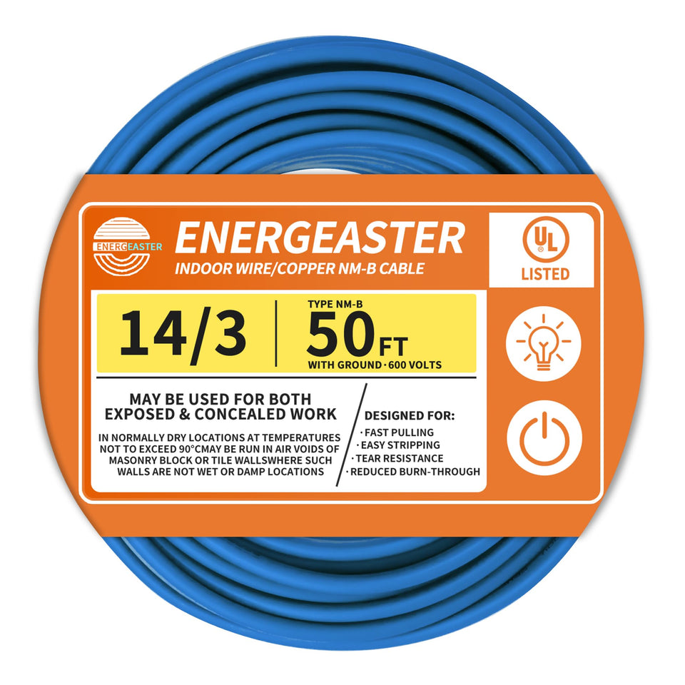 Energeaster solid indoor NM-B cable in blue, 50 ft, reliable power for outlets