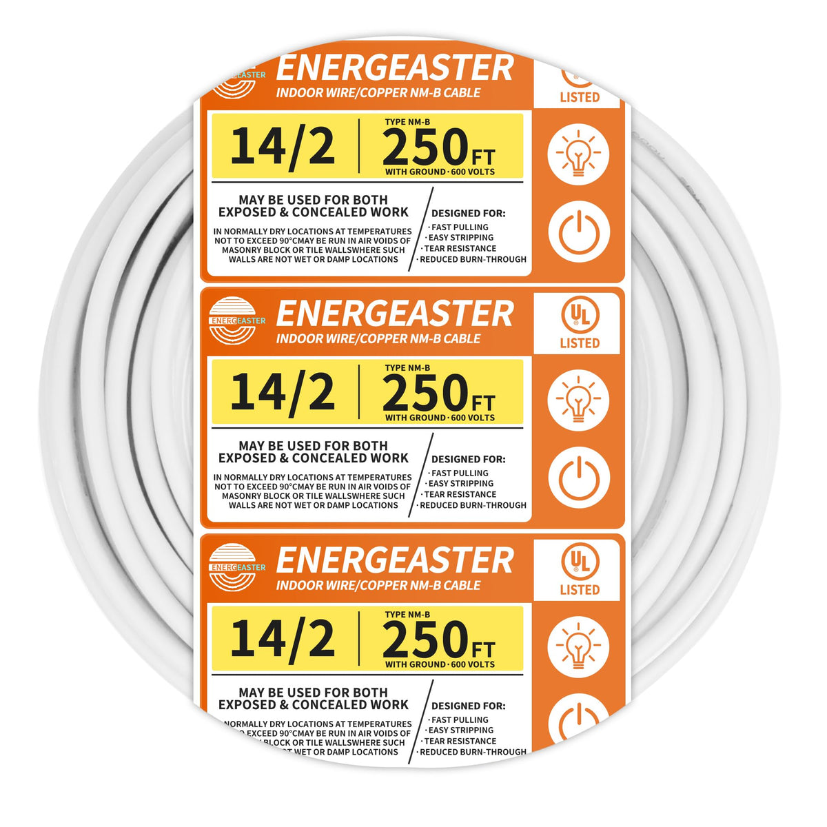 Energeaster solid indoor NM-B 14/2 cable coil for easy pulling.