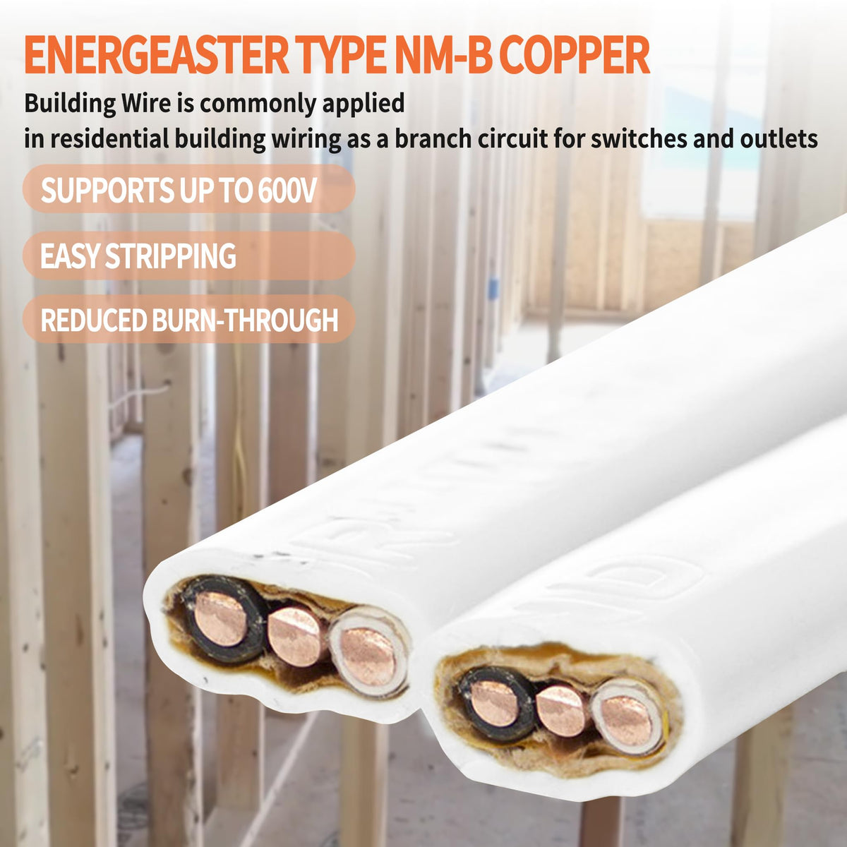 White jacket 14 gauge Energeaster NM-B cable ready for indoor wiring.